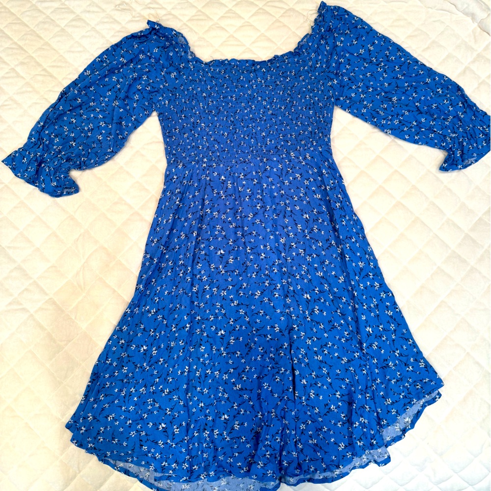 Blue floral dress.